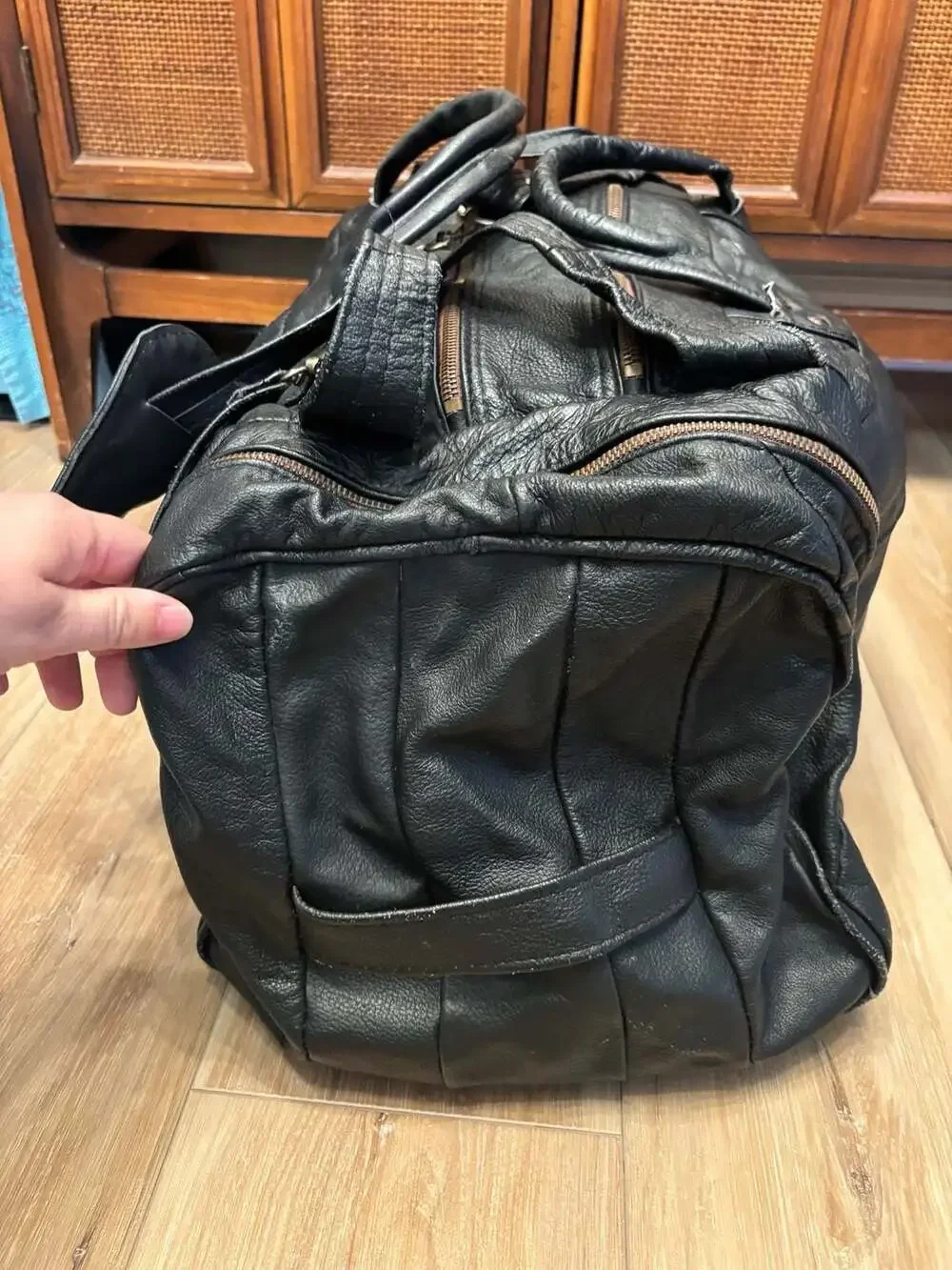 70s Vintage Large Black Genuine Cowhide Leather Travel Duffle Weekender Bag